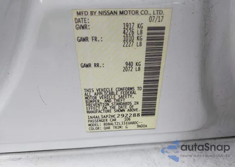 2017 Nissan Altima 2.5 Sl из США, поврежденный, VIN 1N4AL3AP2HC292288